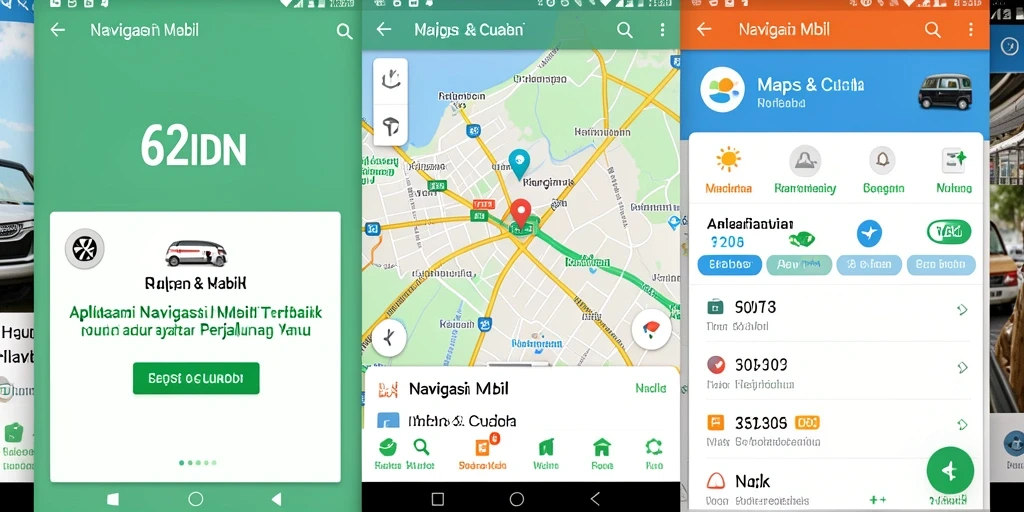 Antarmuka aplikasi 62IDN untuk navigasi mobil yang jelas dan informatif.
